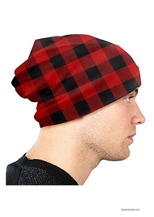 antkondnm Custom Rustic Red Black Buffalo Check Plaid Pattern Fashion Disturbed Adult Men's Knit Hat Hedging Head Hat Top Level Beanie Cap