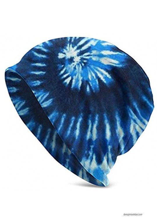 Blue Tie Dye Adult Knit Hats Casual Unisex Beanie Hat Printing Skull Cap Black for Men and Women