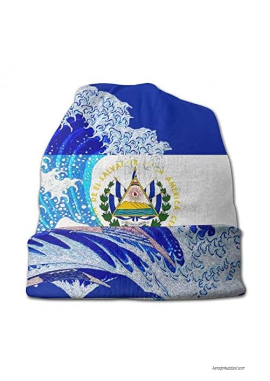 El Salvador Flag and Wave Off Kanagawa Beanie Men Women - Unisex Winter Summer Warm Cuffed Plain Slouchy Skull Daily Knit Hat Cap Black