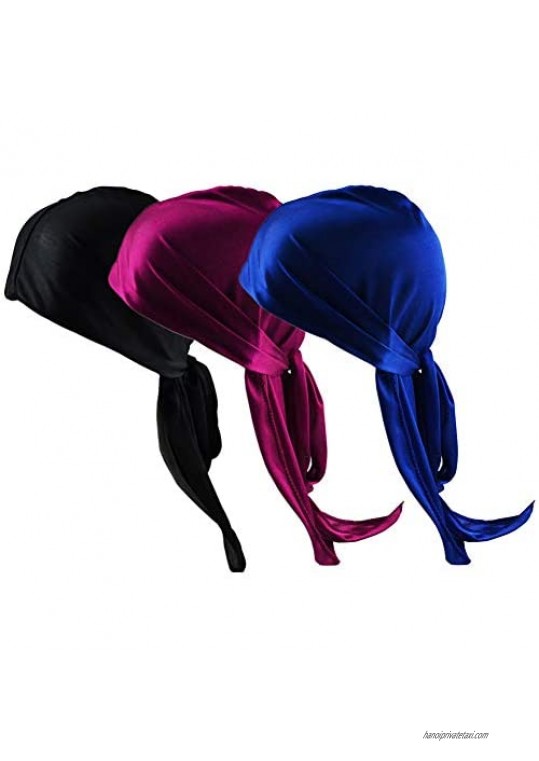 Haisiluo Silky Soft Men Durag Cap Headwraps with Extra Long Tail and Wide Straps Headwrap Du-Rag for 360 Waves