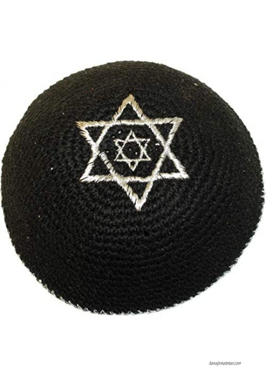 Holy Land Market Black with 2 Silver Stars of David 17cm DMC 100% Knitted Cotton Kippah Jewish - 2019 Release M5