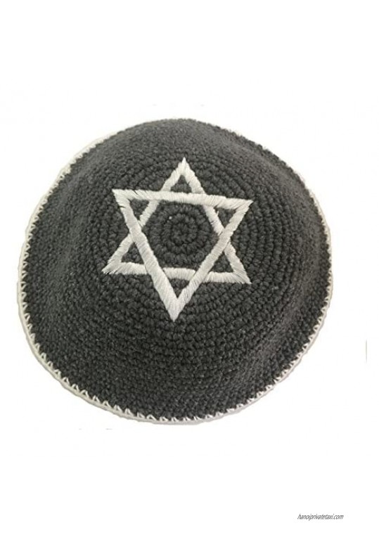 Knitted Jewish Kippah Yarmulke 15cm (Grey with Silver Magen David)