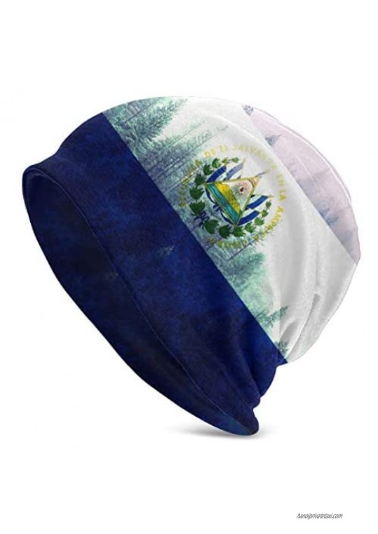NOOK QUNK El Salvador Flag with Forest Beanie Men Women - Unisex Winter Summer Warm Cuffed Plain Slouchy Skull Daily Knit Hat Cap Black