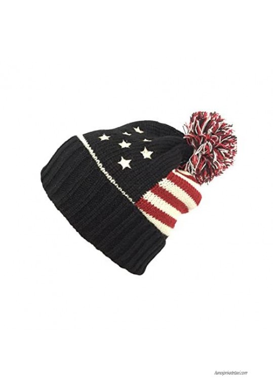 NY GOLDEN FASHION Women Men American Flag Cuffed Knit USA Flag Patriotic Beanie with Pom Pom Winter Hat