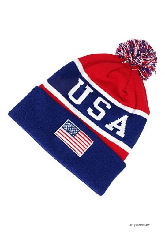 USA American Flag Emroidered Pom Pom Beanie Hat - Navy Red