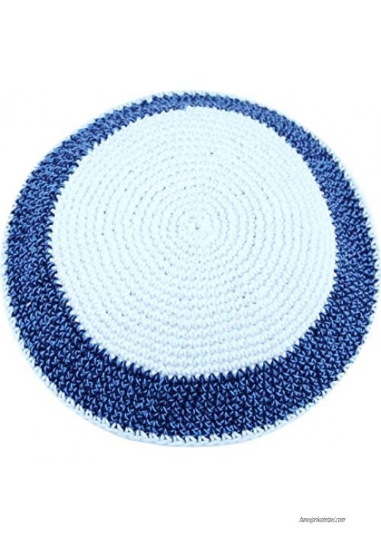 White/Sky and Dark Blue 17cm DMC 100% Knitted Cotton Kippah Yarmulke Skullcap