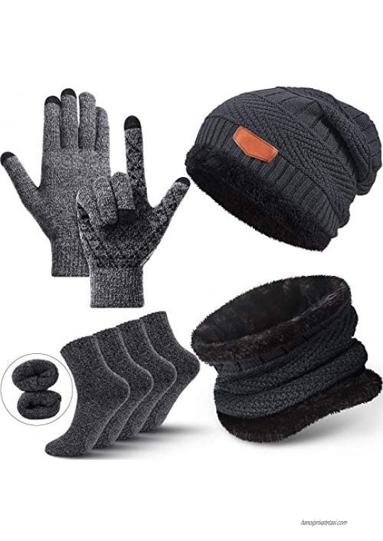 Winter Fleece Lined Beanie Hat Scarf Sock Touchscreen Gloves Set for Men Women