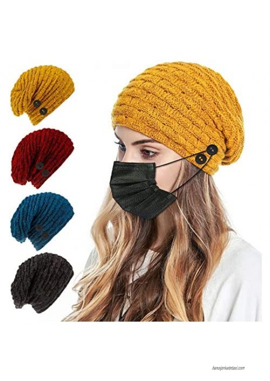 Womens Winter Daily Beanie Stocking Hat with 4 Extra Buttons to Hold Face Mask Warm Polar Fleece Skull Cap for Men and Women