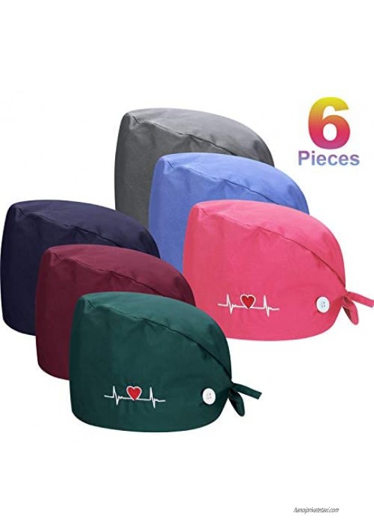 6 Pieces Bouffant Hats with Button and Sweatband Unisex Adjustable Tie Back Hats