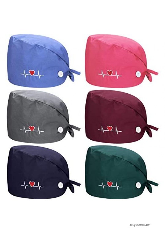 6 Pieces Bouffant Hats with Button and Sweatband Unisex Adjustable Tie Back Hats