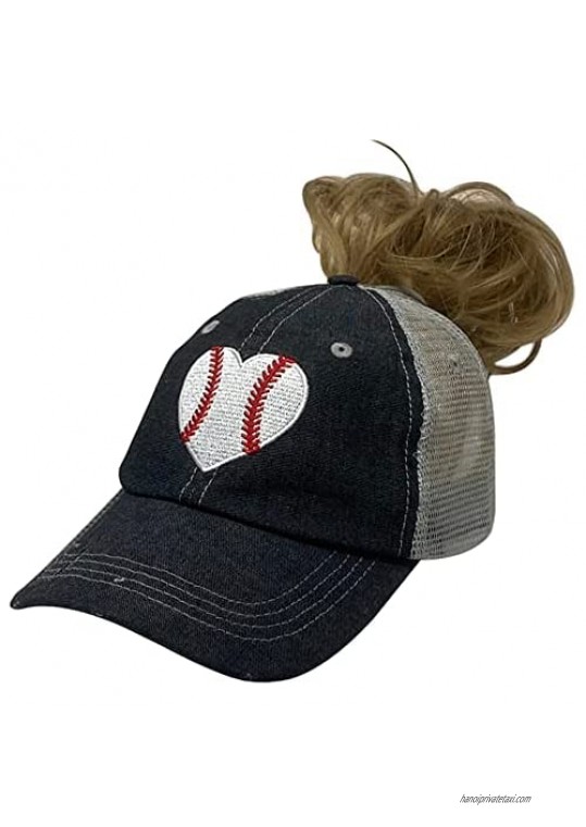 Cocomo Soul Messy Bun Embroidered Baseball Heart Baseball Love Baseball Mom Mesh High Ponytail Bun Opening Style Hat Cap Dark Grey