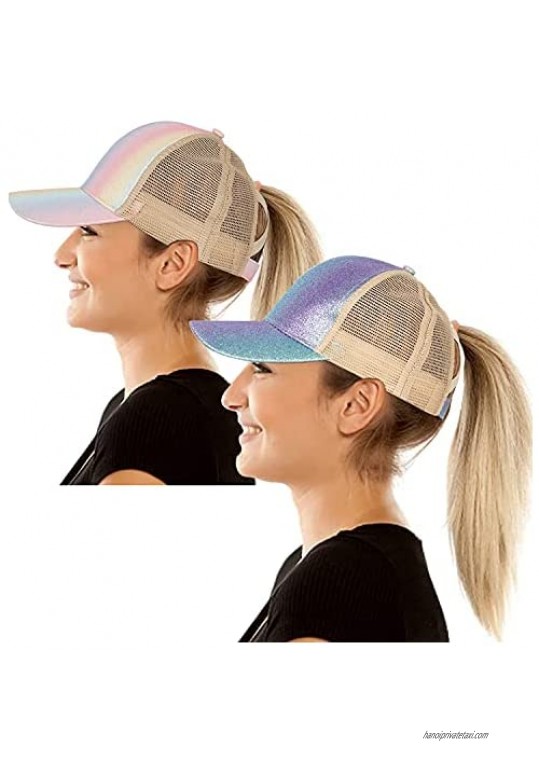 Fanadith Ponytail Hat Women Criss Cross Baseball Cap Glitter Mesh Trucker Hat Messy Bun Pony Cap
