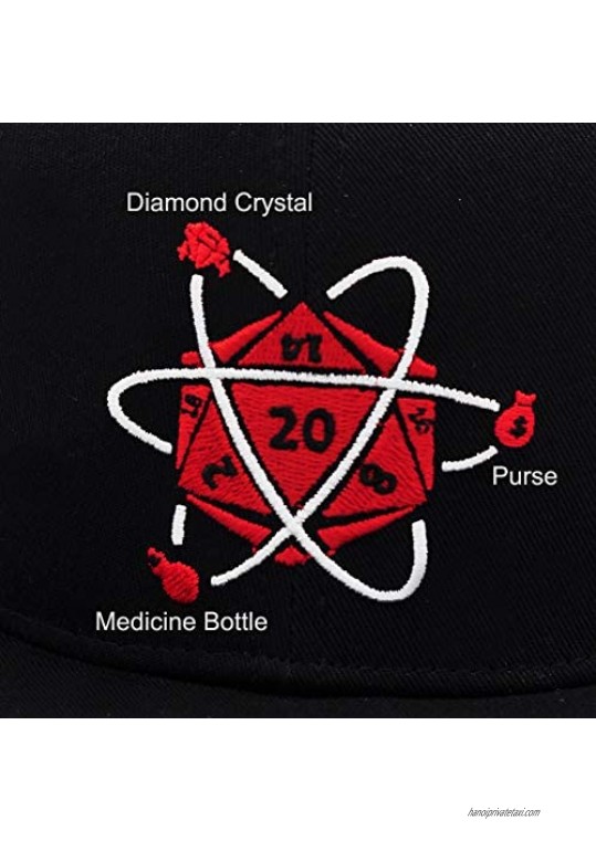 Flat Bill Cap Snapback Hat Embroidered with D20 Dice Molecule Power - Tabletop Gaming Gift for Dungeon Master or RPG Fan Black