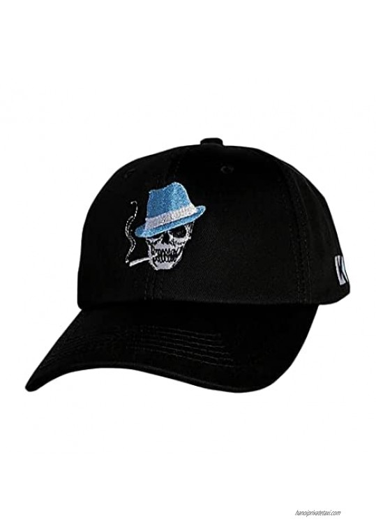 KUBILA Skull Skeleton Smoke Embroidery Design Baseball Caps for Men Women Classic Solid Flat Bill Character Cosplay hat Black Blue White