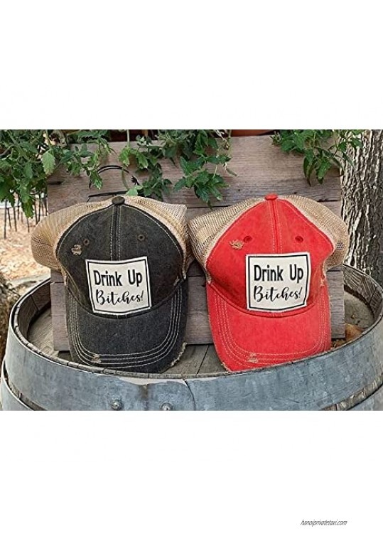 VINTAGE LIFE Distressed Washed Fun Baseball Trucker Mesh Cap (Drink up Bitches (Black))