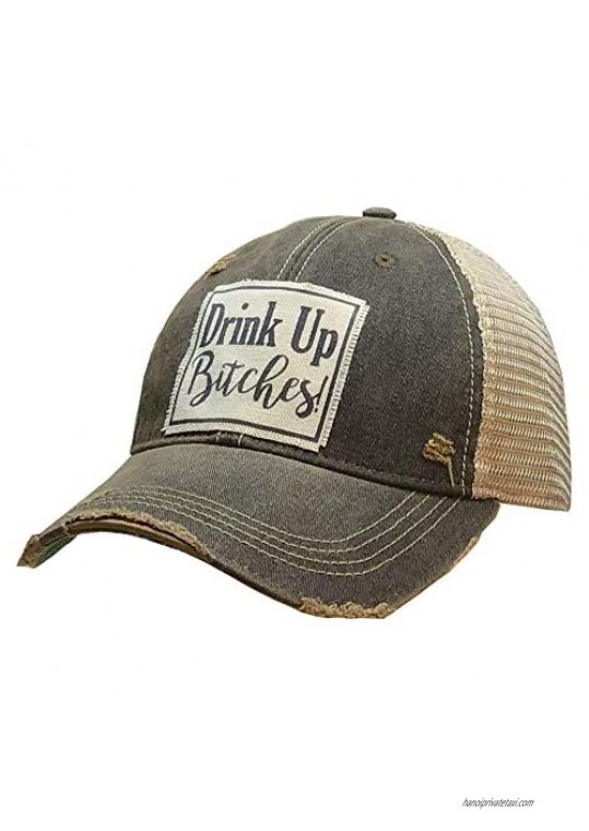 VINTAGE LIFE Distressed Washed Fun Baseball Trucker Mesh Cap (Drink up Bitches (Black))