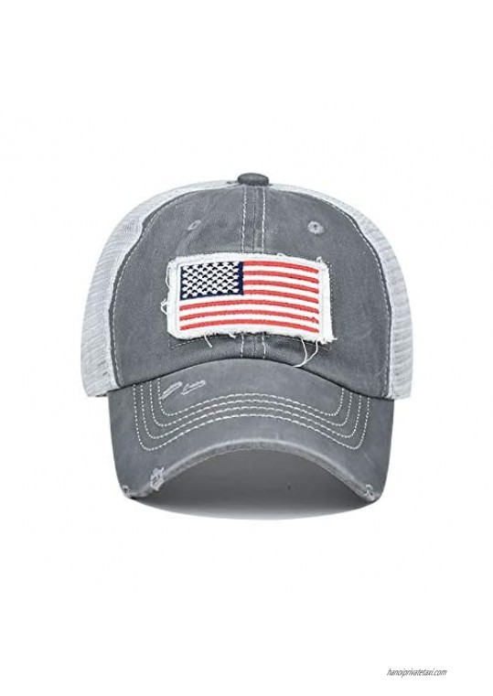 Vintage Unisex US Flag Hat Baseball Cap for Women & Men Adjustable Mesh Driving Cap High Ponytail Hole Dad Hat