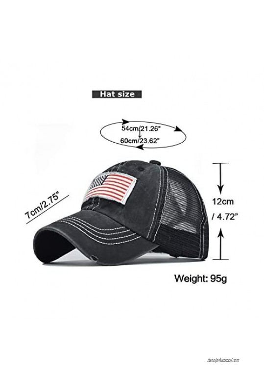 Vintage Unisex US Flag Hat Baseball Cap for Women & Men Adjustable Mesh Driving Cap High Ponytail Hole Dad Hat