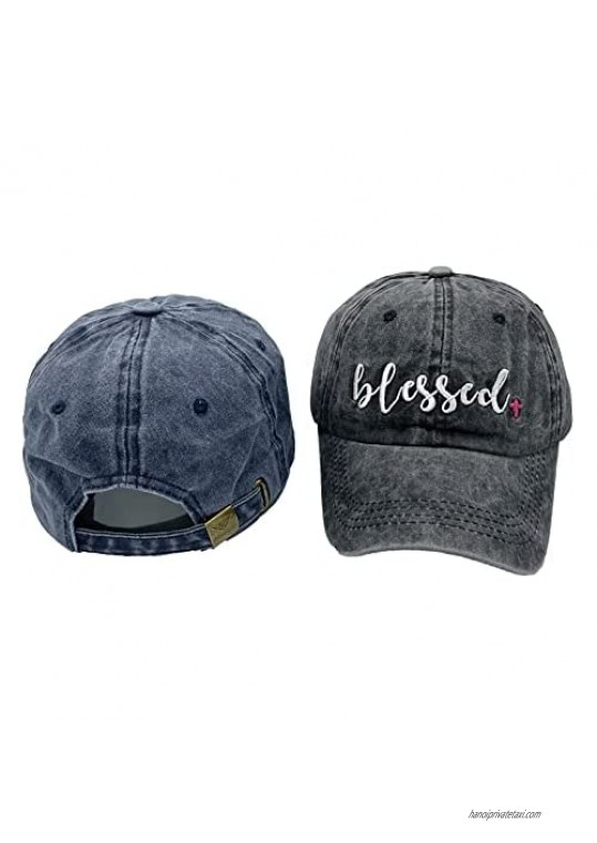 Waldeal 2 Pack Embroidered Blessed Faith Hats Adjustable Religious Vintage Washed Baseball Caps