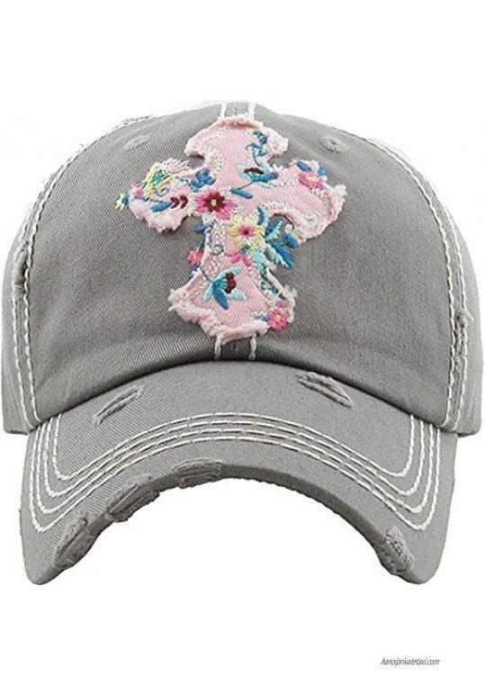 Women's Floral Cross Distressed Vintage Baseball Hat Cap