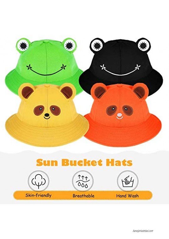 4 Pieces Cute Frog Bucket Hats Bear Bucket Hats Fisherman Sun Bucket Hat Wide Brim Fisherman Caps for Boys Girls 52-54 cm/ 20.5-21 Inches