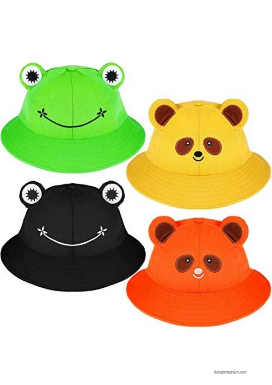 4 Pieces Cute Frog Bucket Hats Bear Bucket Hats Fisherman Sun Bucket Hat Wide Brim Fisherman Caps for Boys Girls  52-54 cm/ 20.5-21 Inches