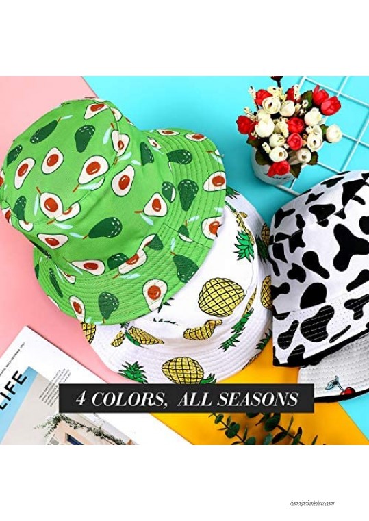 4 Pieces Summer Bucket Hats Fruit Printed Sun Protection Hats Double-Side-Wear Reversible Fisherman Cap Cherry Pineapple Cow Beach Hats for Women Teens Girls