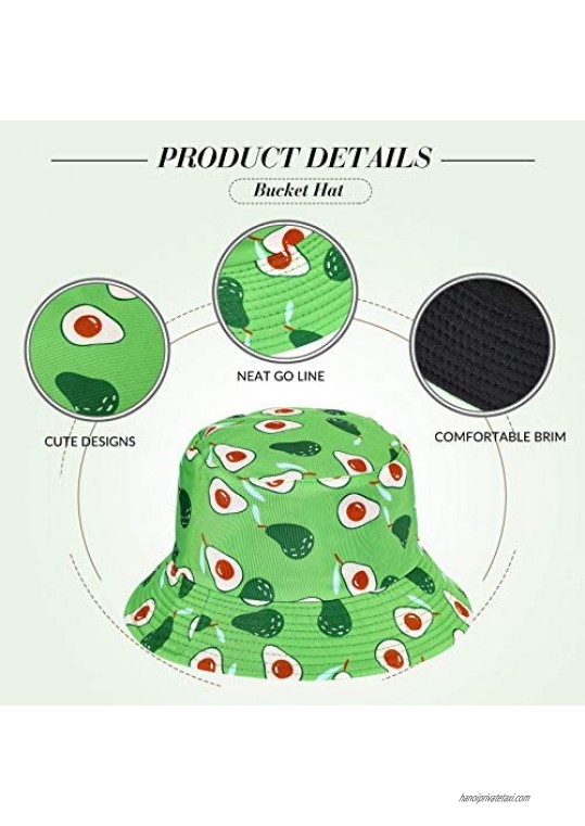 4 Pieces Summer Bucket Hats Fruit Printed Sun Protection Hats Double-Side-Wear Reversible Fisherman Cap Cherry Pineapple Cow Beach Hats for Women Teens Girls