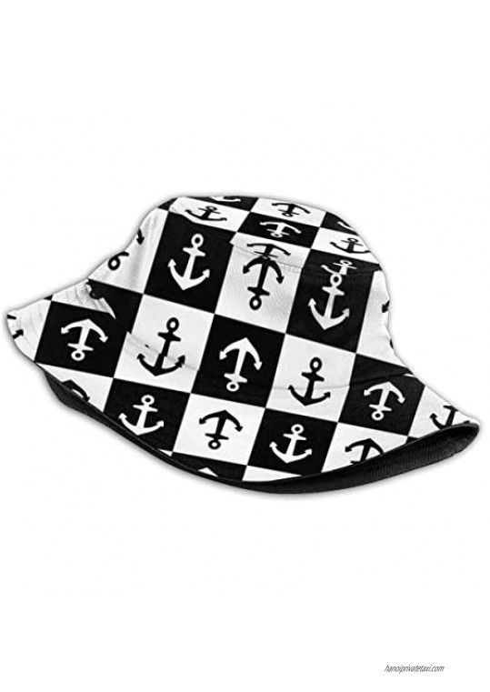 Black and White Anchor Bucket Hat Reversible Fisherman Cap Beach Sun Hats for Men Women Boys and Girls