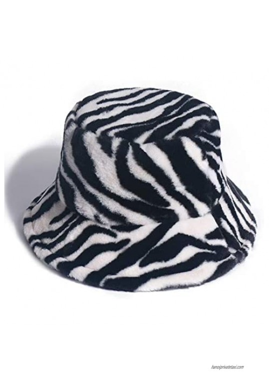 Bucket Hat for Women Men Animal Print Foldable Plush Winter Fisherman Hat Cow Zebra Print