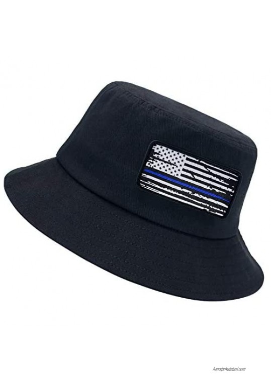 Bucket Hat Unisex-Adult American Flag Embossed Hat Summer Travel Beach Sun Hat Visor Outdoor Fisherman Cap Black Blue