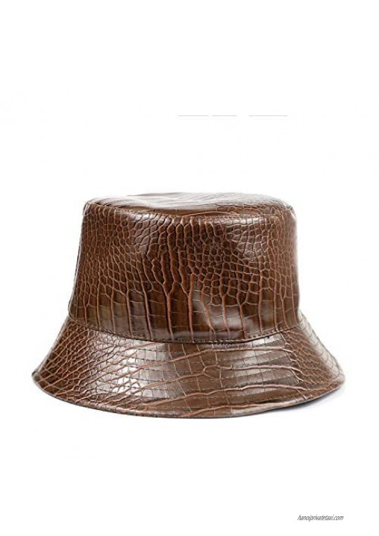 Crocodile PU Leather Bucket Hat for Women Stiff Brown Fisherman Hat Sun Protection