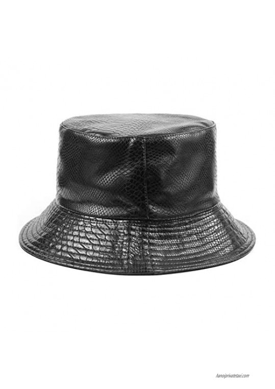 Crocodile PU Leather Reversible Bucket Hat for Women Black Fisherman Hat Sun Protection