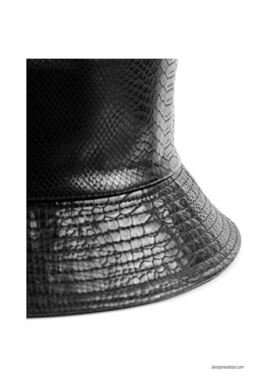 Crocodile PU Leather Reversible Bucket Hat for Women Black Fisherman Hat Sun Protection