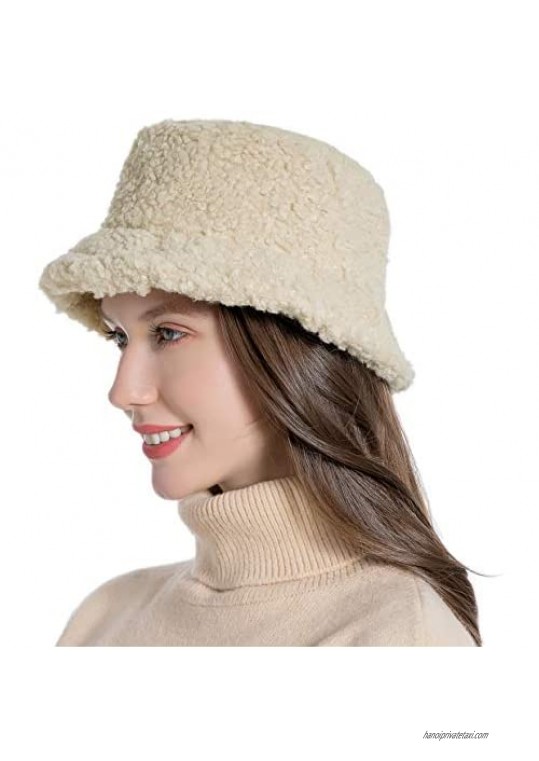 HICOSKY Women Winter Bucket Hat Warm Hats Cloche Faux Fur Fisherman Cap