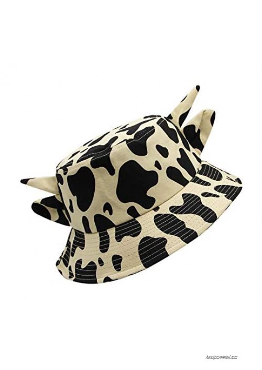 JUMISEE Men Women Cotton Cow Print Bucket Hat Summer Beach Sun Hat Fisherman Hat with Cute Horn Ears