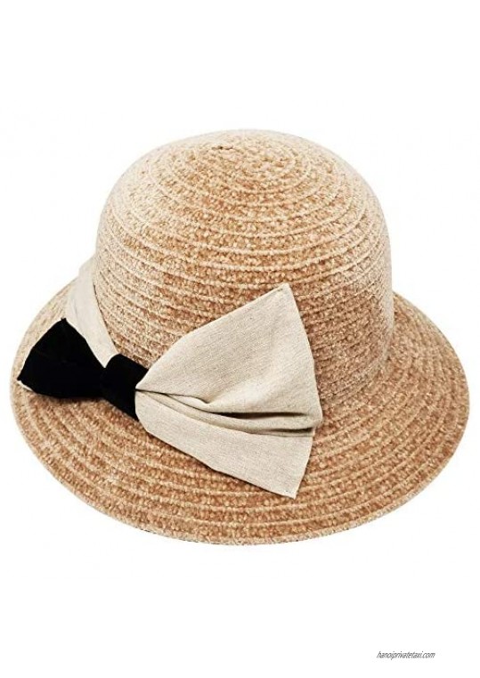 Krono Krown Women's Chenille Braided Cloche Bucket Winter Hat w/Suede Linen Bow- Velcro Adjustable  UPF 50+