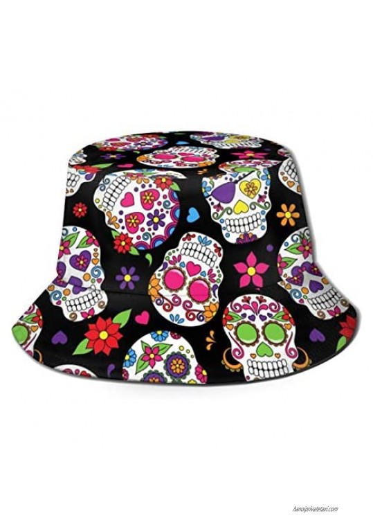 LANEABUY Unisex Stylish Bucket Hat Fisherman Hat Summer PackableTravel Beach Sun Hat(Sugar Skull Flower Black)