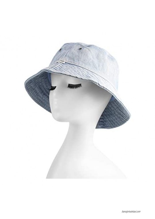 Light Blue Denim Bucket Hat for Women Cotton Twill Sun Protection Washed Fisherman Hat