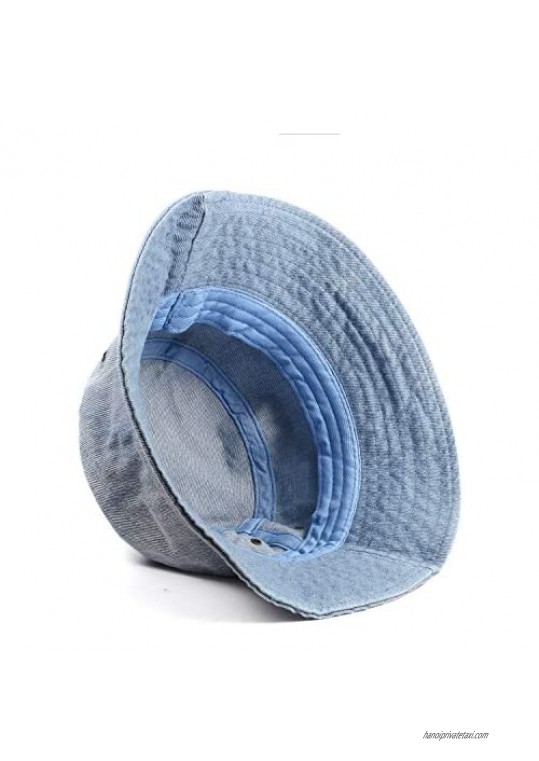 Light Blue Denim Bucket Hat for Women Cotton Twill Sun Protection Washed Fisherman Hat