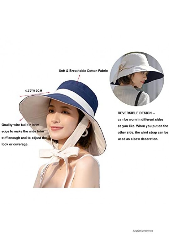 Reversible UV Protection Packable Sun Hat Ladies Wide Brim Gardening Hat w/Chin Cord 56-68CM