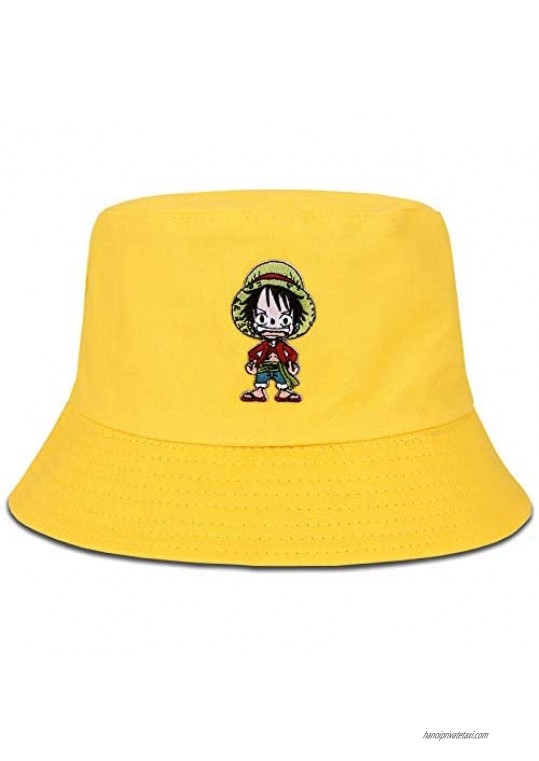 Roffatide Anime One Piece Bucket Hat Embroidered Cotton Fishing Hat Reversible Double Side Wear Sun Hat