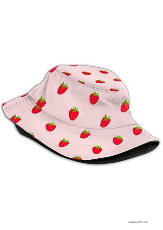 SEMTC Women Men Teens Strawberry Bucket Hat Travel Beach Fisherman Cap Reversible Wide Brim Hats Unisex