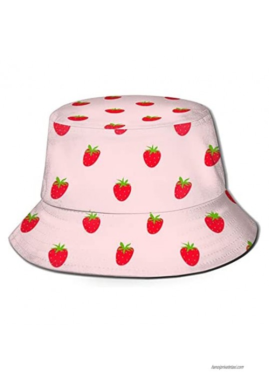 SEMTC Women Men Teens Strawberry Bucket Hat Travel Beach Fisherman Cap Reversible Wide Brim Hats Unisex