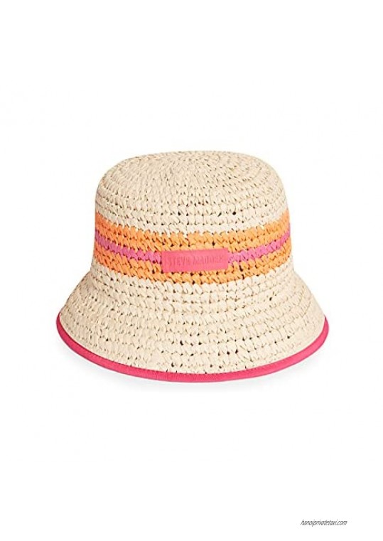 Steve Madden Women's Crochet Straw Striped Bucket Hat with Logo Patch Natural/Fushia ONE Size