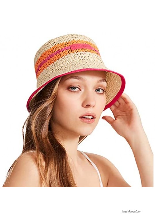 Steve Madden Women's Crochet Straw Striped Bucket Hat with Logo Patch  Natural/Fushia  ONE Size