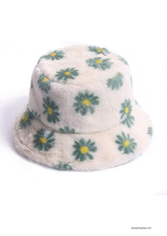UU BEN Winter Bucket Hat Daisy Furry Faux Fur Fisherman Hats for Women Plush Warm Hats Large Brim Cap