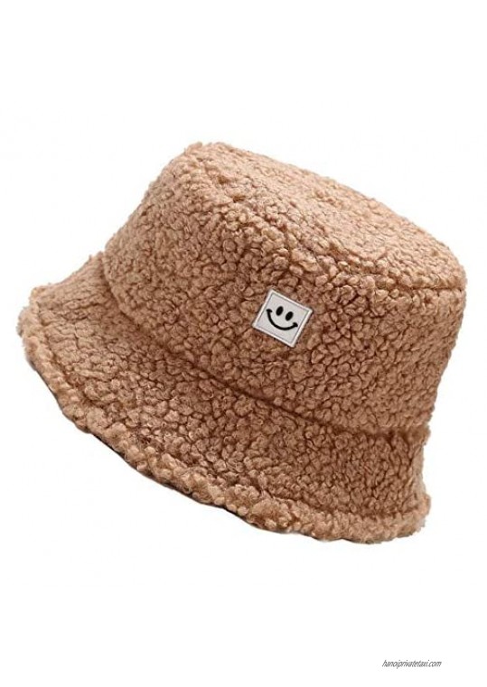 Women Bucket Hats Teddy Style Vintage Smile Face Cloche Hat Warm Faux Fur Wool Fisherman Cap