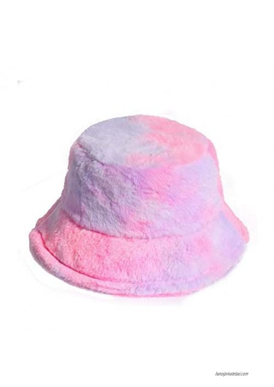 Women Girls Tie Dye Rainbow Fuzzy Faux Fur Warm Bucket Hat Winter Fisherman Cap (A-Pink Purple)