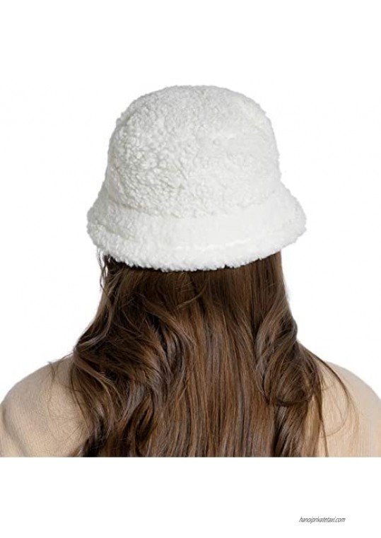 Women Winter Bucket Hat Vintage Cloche Hats Warm Faux Fur Wool Outdoor Fisherman Cap